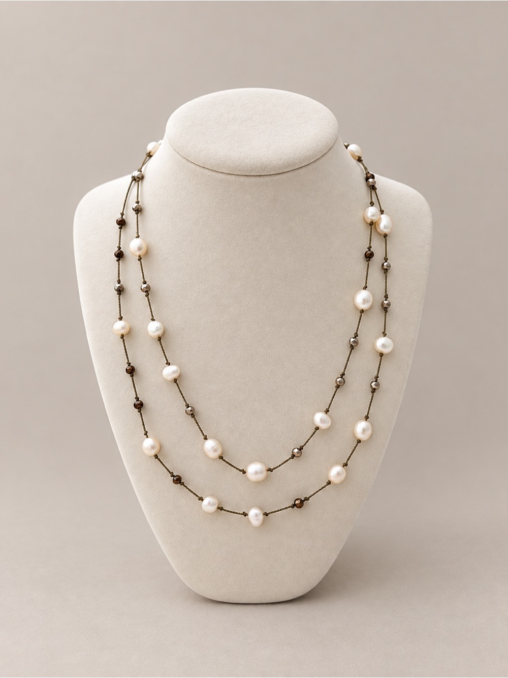 J.Jill Long Pearl Beaded Double Strand Necklace Brown Cord